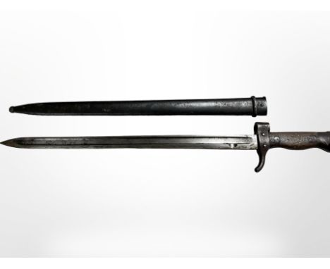 A French M 1892 Mannlicher Berthier sword bayonet, later pattern third type introduced in 1915 distinguishable by the shorten