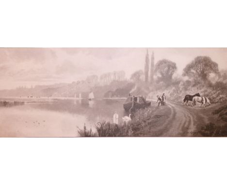 BARGE PRINT. Framed print of a horse drawn barge by F W Yates, 45 x 17 cm