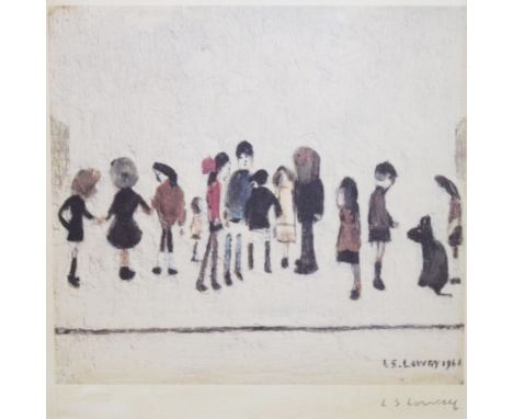 SIGNED LOWRY PRINT. Laurence Stephen Lowry RA RBA LG NS, British 1887-1976 Group of Children; colour reproduction print, sign