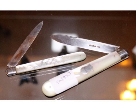 SILVER FRUIT KNIVES. Two hallmarked silver bladed fruit knives with engraved motehr of pearl handles