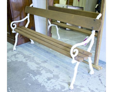 GARDEN BENCH, Victorian with teak slatted seat within white painted cast iron ends of naturalistic branch form, 178cm L x 52c