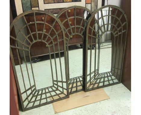 GARDEN MIRRORS, three, Architectural style verdigris with an arched top, 102.5cm H x 53cm W. (3)