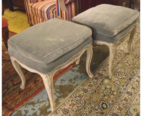TABOURETS, a pair, Louis XV design painted and newly upholstered in grey velvet with cushion seats, 51cm W x 42cm D. (2)