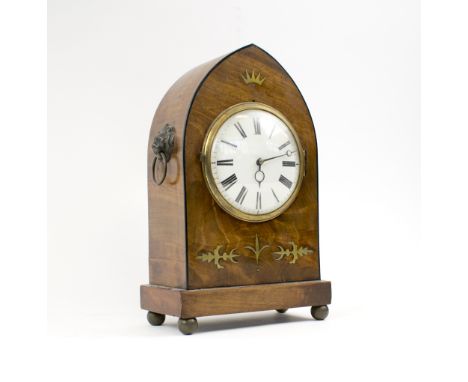 MANTEL CLOCK, Edwardian with brass inlaid mahogany case of lancet form, 27.5cm H.