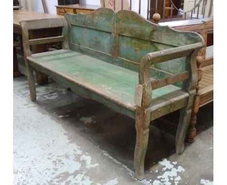 CONSERVATORY BENCH, 19th century Continental distressed green painted with arms, 182cm W.