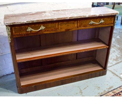 BIBLIOTHEQUE, transitional style French mahogany, tulipwood banded and gilt metal mounted with marble top above two drawers a