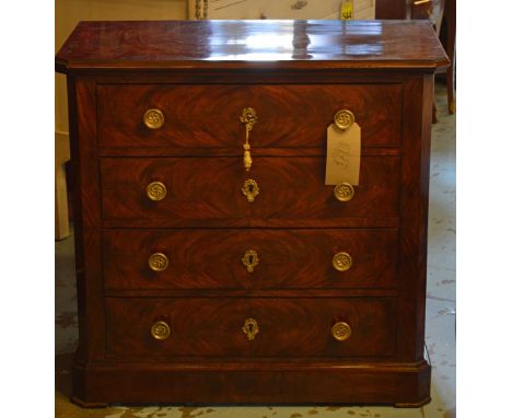 COMMODE, 19th century French Napoleon III flame mahogany of shallow proportions with four drawers, 40cm x 78cm x 75cm H.