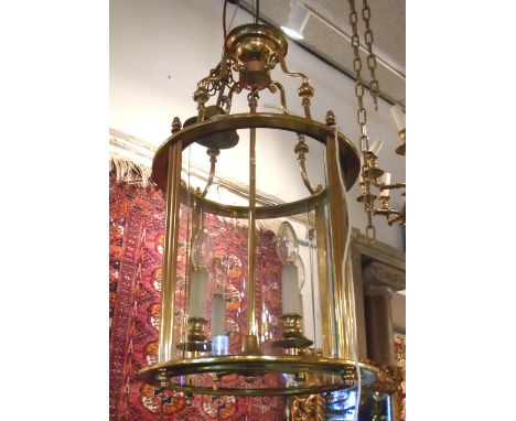 HALL LANTERN, brass of cylindrical form with glazed panels, with secondary spot lighting above, 37cm D. 