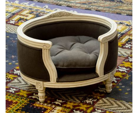DOG BED, Louis XVI style painted in dark grey fabric with oval buttoned cushion, labeled 'Lord Lou', 34cm H x 49cm W x 39cm D