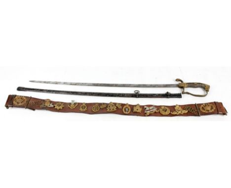 A short naval (probably) sabre with brass coloured and back strap with foliate decoration and wirework shagreen grip, blade l