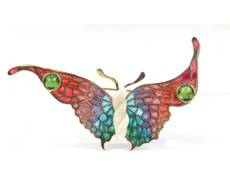 A silver and plique á jour opal set brooch in the form of a butterfly, width 9cm.