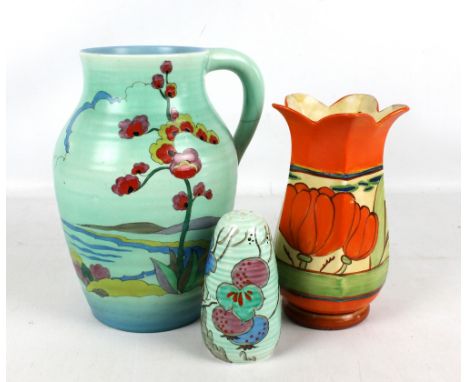 CLARICE CLIFF FOR WILKINSON LTD; a turquoise ground jug with painted decoration of foliage amongst landscape, height 25cm (af