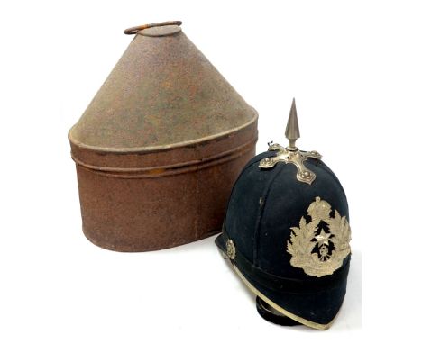 A helmet for the Scottish Rifles 5th Volunteer Battalion with spike to top, twin rosettes, chain chin strap and leather band 