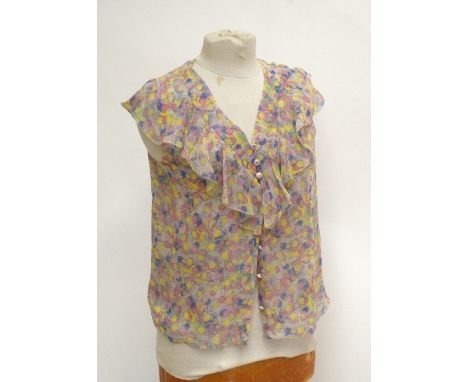 CHANEL; a pink, yellow and blue blouse, size small.