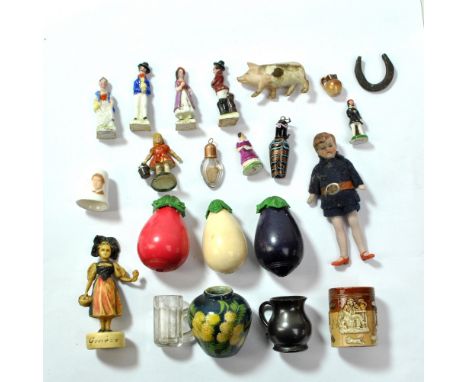 A small collection of miniatures to include a set of four ceramic figures, height 5cm, and a pair of smaller examples, a Doul