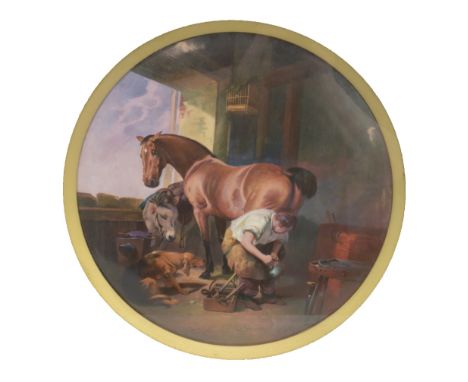 JAMES EDWIN DEAN FOR MINTON; a well painted circular porcelain plaque depicting blacksmith fitting a horseshoe to a thoroughb