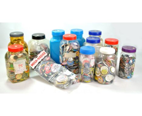 A collection of vintage badges with subjects including music and celebrities, branded, charity, clubs and landmarks, etc.&nbs