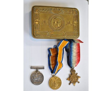 A WWI 1914 Star medal trio awarded to T2-9926 Dvr/Pte F.Gordon A.S.C., with a Princess Mary 1914 Christmas tin (lacking conte