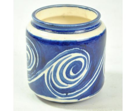 BERNARD MOORE; a ceramic tobacco jar (lacking lid) with stylised wave decoration, signed to base, height 10.5cm.