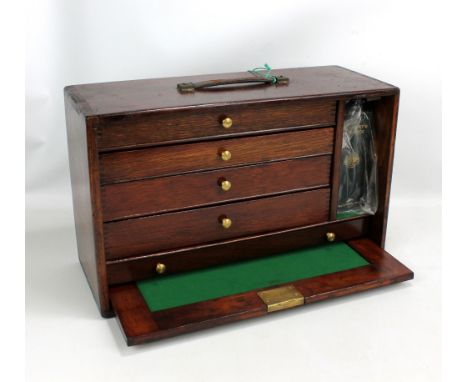 A Burnard &amp; Co five drawer box containing various engineering and drafting tools including Allen keys, pairs of compasses