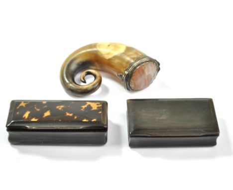 A 19th century tortoiseshell and horn mounted rectangular snuff box, 9.5 x 4cm, and a further horn example, also a Scottish m
