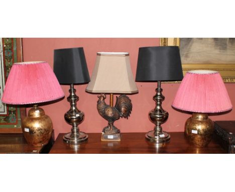 A bronzed resin table lamp modelled as a cock, also a pair of chromed table lamps and a pair of gold coloured table lamps (5)