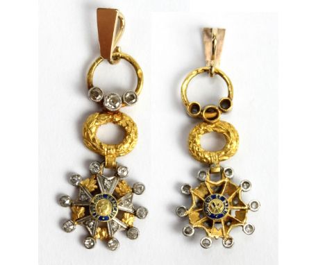 A French 18ct yellow gold and white metal miniature Legion D'Honneur Cross set with diamonds and white stones, with enamel de