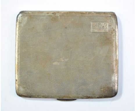 HF WITHERS; a George VI hallmarked silver rectangular cigarette case with engine turned decoration, inscribed to cartouche 'A