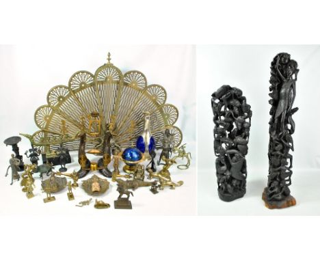 A collection of African and Oriental metalware including numerous figures of deities, pierced firescreen, two African figural