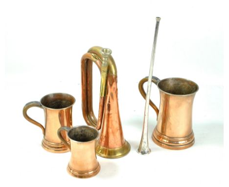 Three copper mugs and a brass bound bugle, also a silver plated post horn possibly by Dunhill &amp; Co of Bond Street.