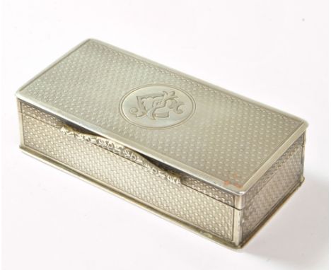 STOKES &amp; IRELAND LTD; a Victorian hallmarked silver rectangular snuff box with overall engine turned decoration and cast 