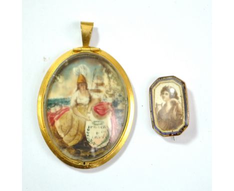 A George III yellow metal mounted portrait miniature brooch of canted rectangular form painted on ivory in sepia with a young