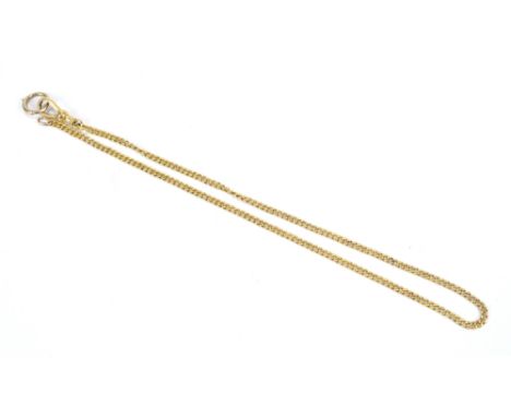 An 18ct yellow gold chain with spring clasp end, length 38cm, approx 11.3g.