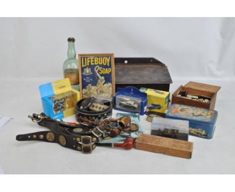 A mixed lot of various collectors' items to include pipes, ebony and bone dominoes, a Corgi diecast model Vulcan, reprint of 