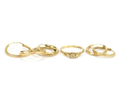 Three pairs of 9ct yellow gold earrings and a 9ct yellow gold ring (af), combined approx&nbsp; 3.5g.