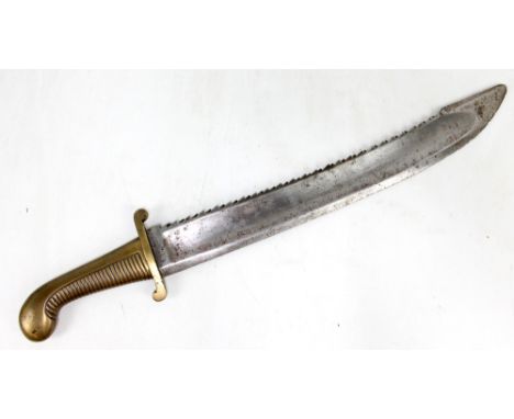 A 19th century pioneer's sawback cutlass, the curved blade with swollen tip and various indistinct stamps to base, blade leng