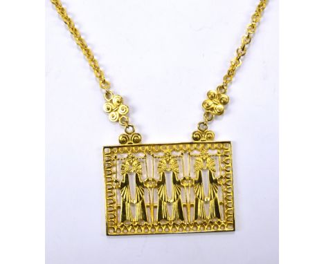 VENDOME; a large gilt rectangular pendant pierced with ancient Middle Eastern style figures, 6 x 8.5cm, suspended on integral