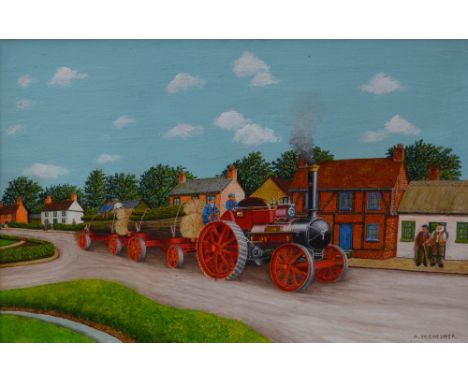 AW CHESHER (1895-1972); oil on board, rural village scene with figures driving a steam engine carrying logs, signed, 35 x 52.