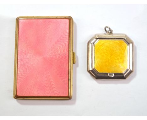 CRISFORD &amp; NORRIS; a George V hallmarked silver canted square powder compact with yellow guilloche enamelled mirrored hin