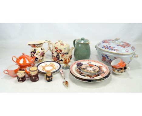 A small group of ceramics including a modern Spode oval tureen with cover, a 19th century teapot painted in Imari pattern, wi