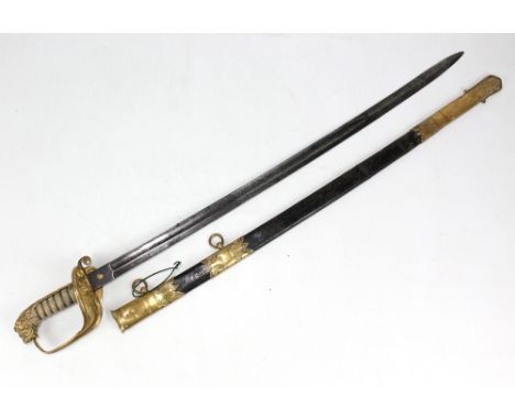 A Royal Navy officer's dress sabre, the fullered blade with etched fouled anchor and foliate decoration, stamped to base for 