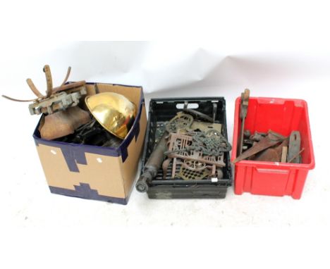A collection of metal scales, stands and an assortment of vintage tools.