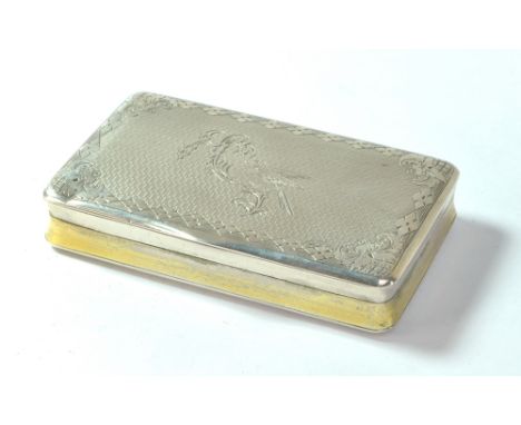 A 19th century white metal rectangular snuff box with fluted base and hinged lid engraved with a perched bird within ornament