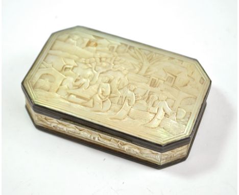 A circa 1900 Chinese Export mother of pearl snuff box of canted rectangular form carved with figural terrace scene with archi