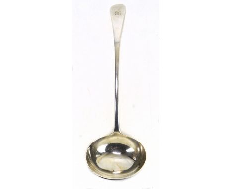 WAKELY &amp; WHEELER; a Victorian hallmarked silver Old English pattern ladle, the finial initialled 'W', length 33cm, London