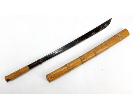 A Burmese dha with tapered blade, blade length approx 51.5cm, to circular section wooden grip and housed in wooden scabbard.&