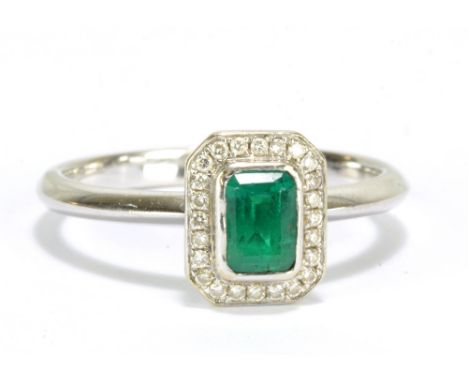 An Art Deco style&nbsp;18ct white gold, diamond and emerald ring, size R, approx 3.9g.