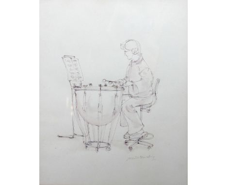 ALBIN TROWSKI (1919-2012); pen and wash, sketch of a female drummer, signed and dated '77 lower right, 29 x 23cm, framed and 
