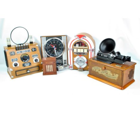 SPIRIT OF ST LOUIS; two reproduction phonographs, travel alarm clock, air field wall clock and wireless radio, also a boxed S