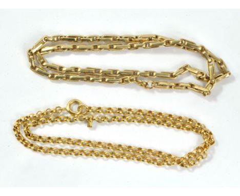 A yellow metal fancy link necklace stamped '375' to clasp, length 39cm, approx 24.0g, and an unmarked yellow metal belcher li